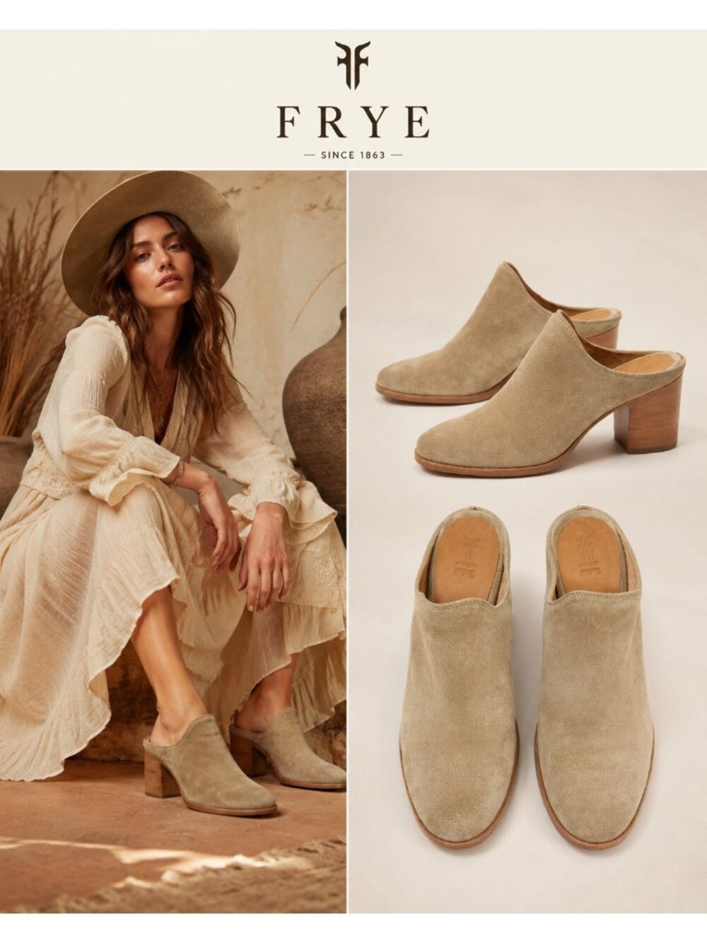 Frye Beige Suede Western Mule Clogs Block Heel Women’s 7B